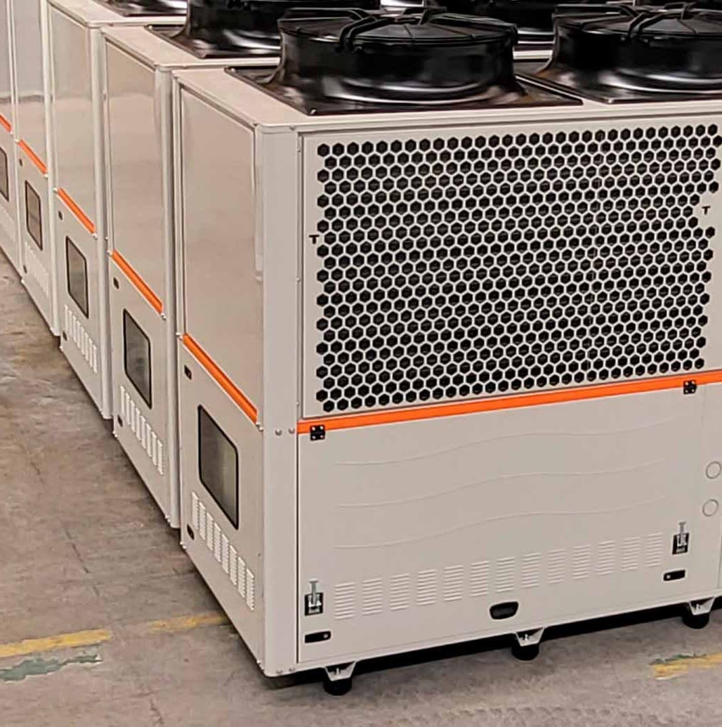 Industrial air-cooled units on the production floor